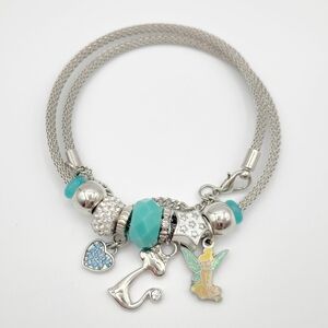 Silver Mesh Charm Bracelet Disney Tinker Bell Fairy Charm Turquoise Beads